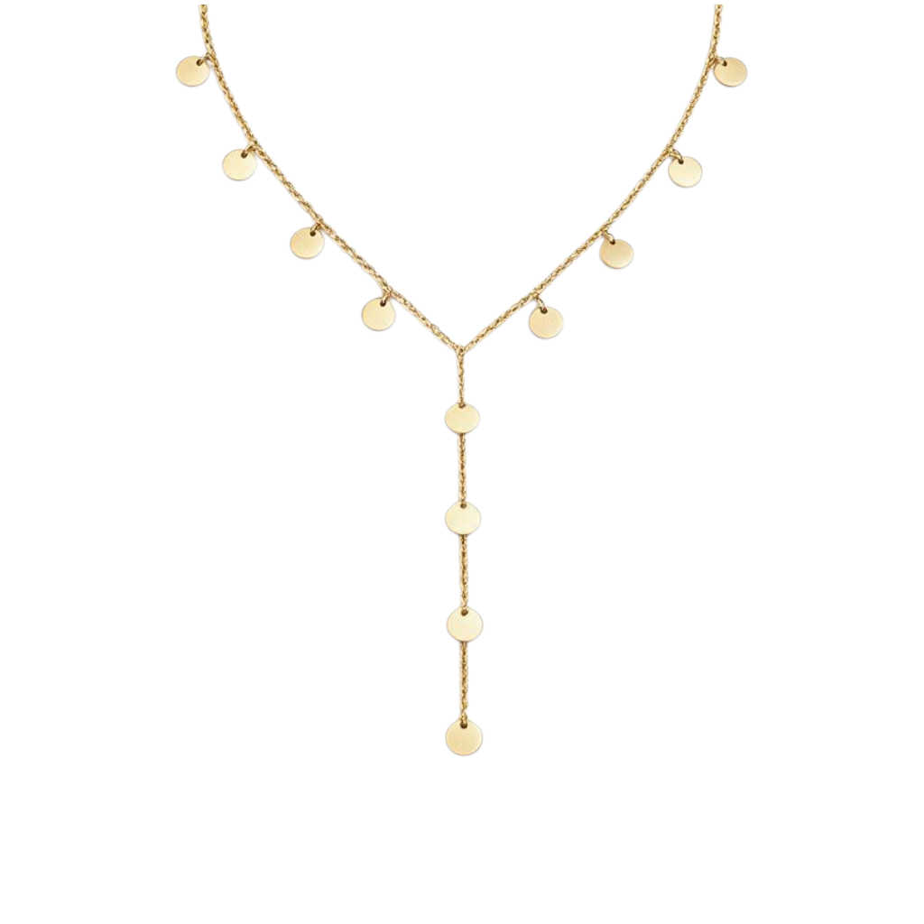 Maison Ella Kailea Y pendant necklace featuring gold-tone stainless steel ball chain with delicate coin charms