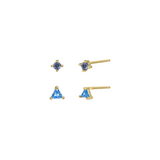 Maison Ella Blue Illy Earring Set featuring 18K gold-plated brass studs with aquamarine blue cubic zirconia stones.