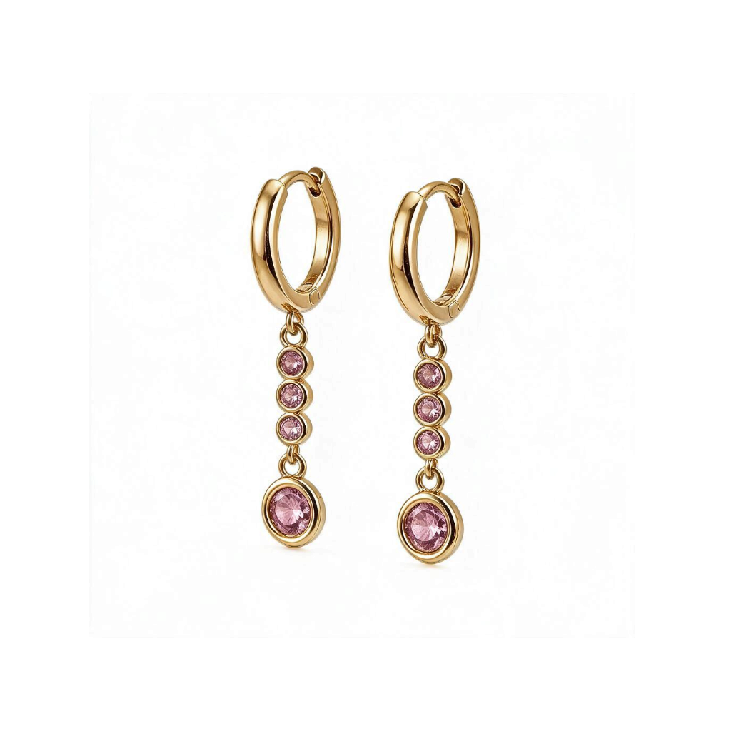 Maison Ella Lindy earrings featuring pink round stones on 14K gold-plated copper drop hoops.