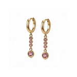 Maison Ella Lindy earrings featuring pink round stones on 14K gold-plated copper drop hoops.