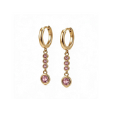 Maison Ella Lindy earrings featuring pink round stones on 14K gold-plated copper drop hoops.