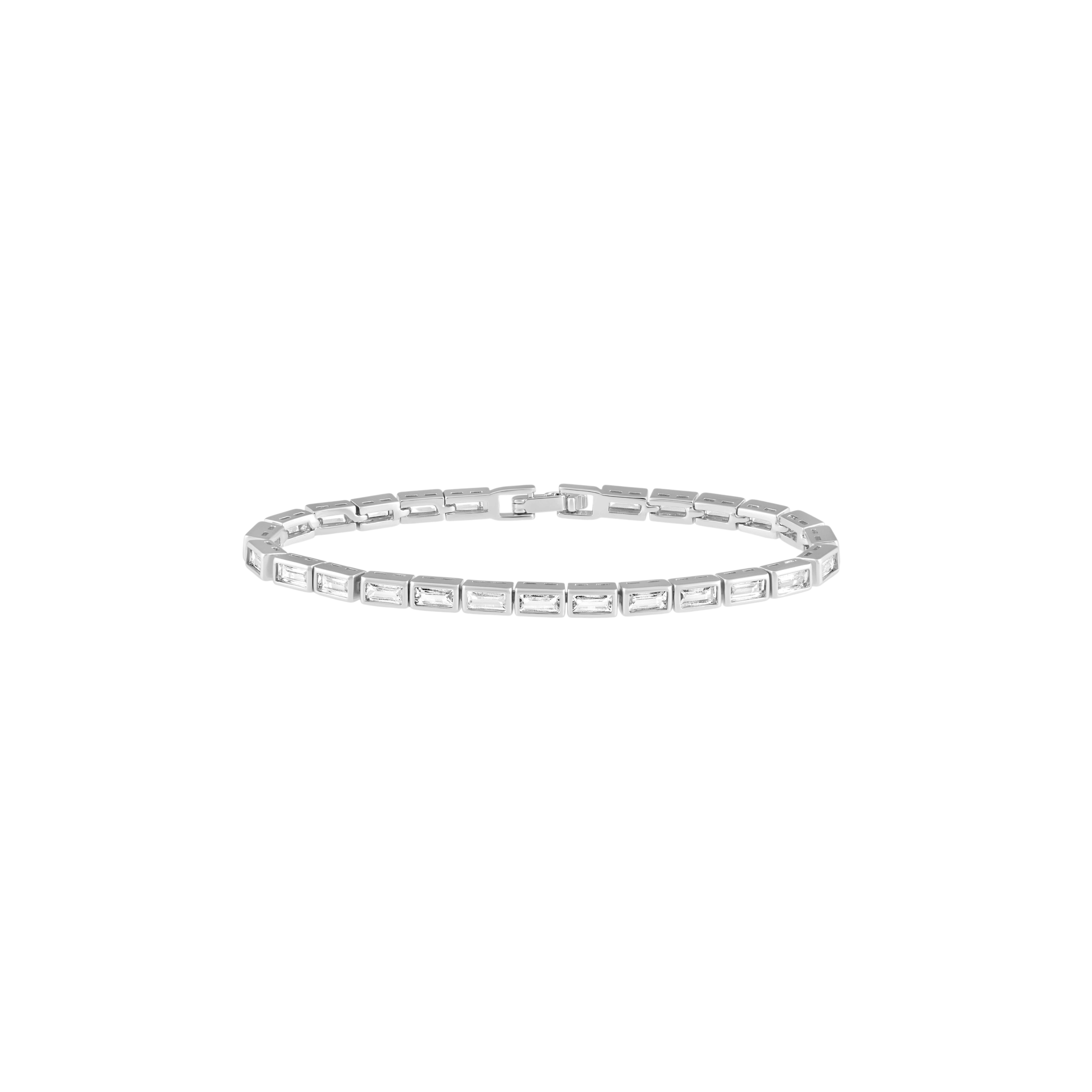 Maison Ella Lainey tennis bracelet featuring clear cubic zirconia stones set in silver-tone rectangular bezels.