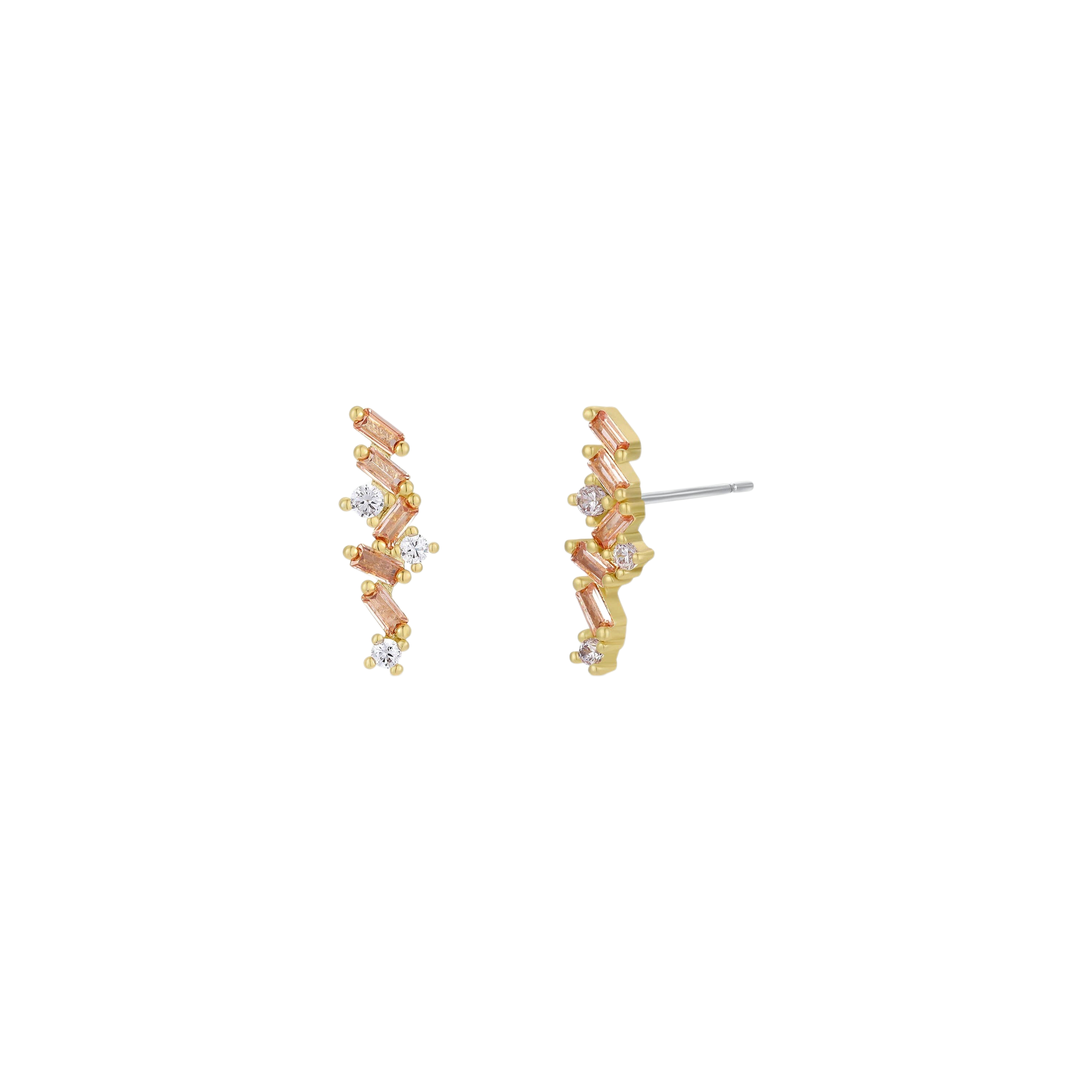 Maison Ella Champagne Baguette Studs featuring white and champagne cubic zirconia stones in 18K gold-plated brass.