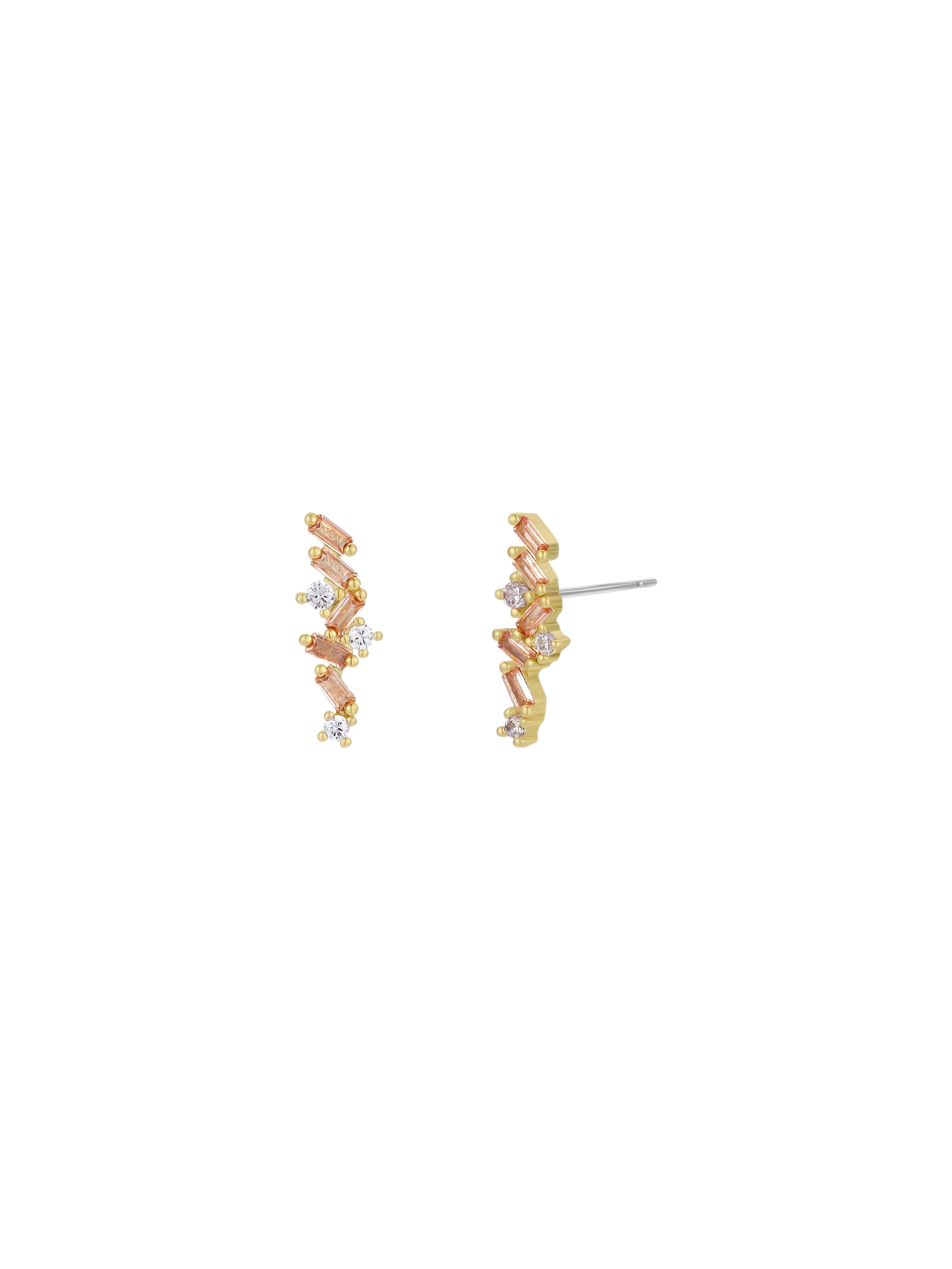Maison Ella Champagne Baguette Studs featuring white and champagne cubic zirconia stones in 18K gold-plated brass.