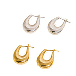 Gold droplet hoop earrings with a gently curved silhouette and smooth, polished finish. Crafted from 18K gold-plated brass, measuring 1 x 0.7 inches. Hypoallergenic, water- and tarnish-resistant—ideal for effortless everyday elegance.
