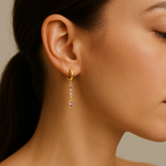 Maison Ella Lindy earrings featuring pink stones in 14K gold-plated copper worn on a model's ear