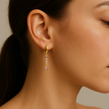 Maison Ella Lindy earrings featuring pink stones in 14K gold-plated copper worn on a model's ear