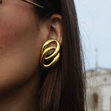 Minimalist round huggie earrings crafted from stainless steel with 18K gold plating and subtle textured detailing. Huggie-style stud closure for secure comfort. Hypoallergenic, water- and tarnish-resistant—perfect for effortless everyday elegance.