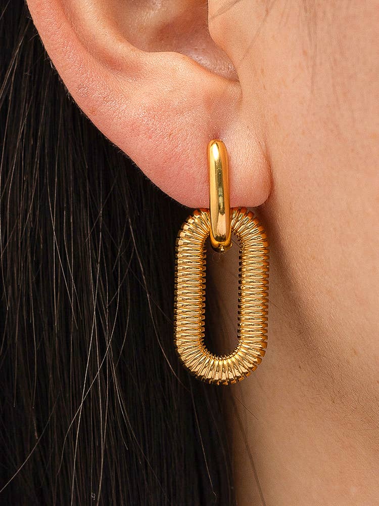 Modern hoop earrings crafted from stainless steel with your choice of 18K gold or silver plating, featuring a double chain detail for added edge and sophistication. Hypoallergenic, water- and tarnish-resistant—perfect for making a bold yet refined statement in any jewellery rotation.