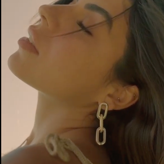 Close-up of a person wearing a chain-link earring with a neutral background