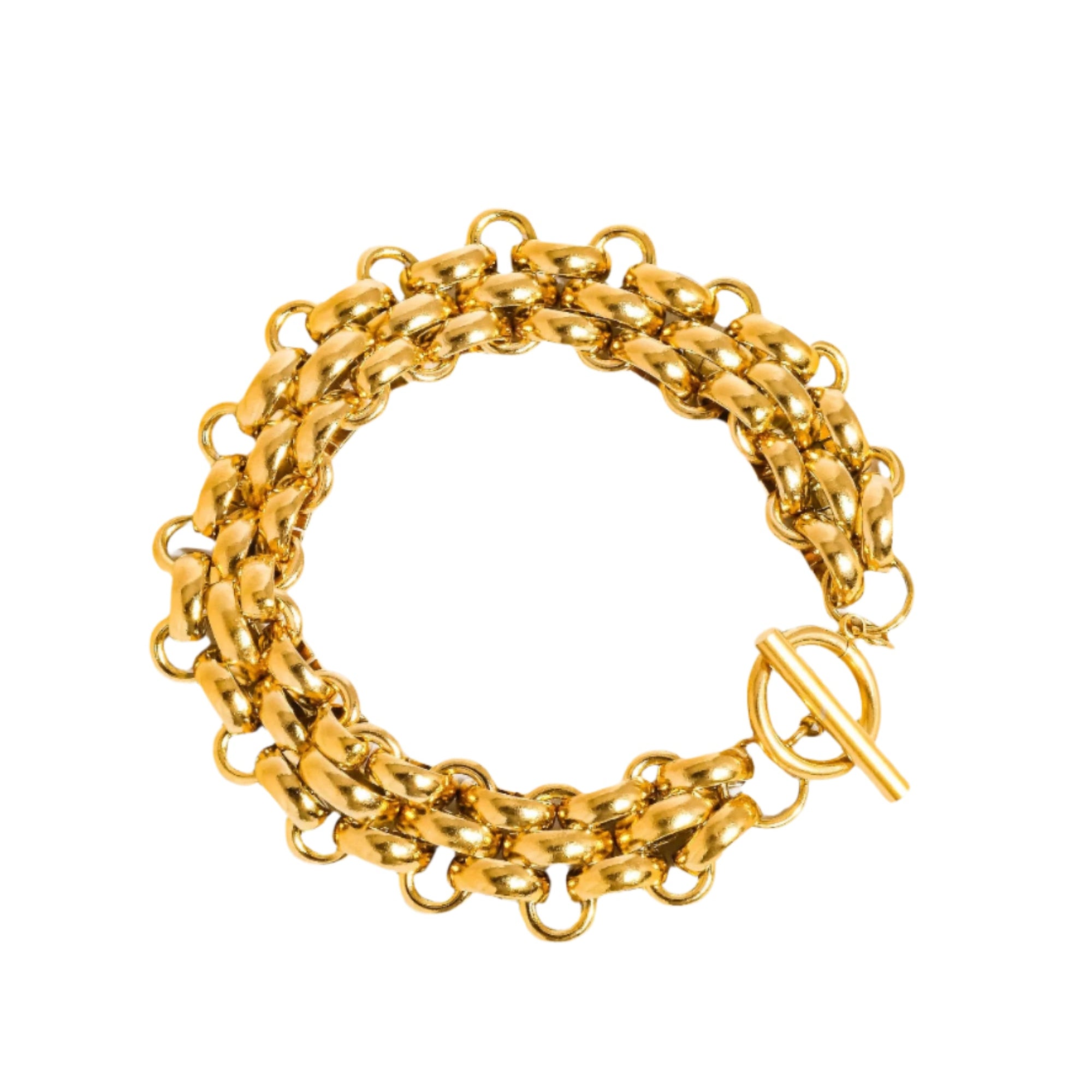Striking bracelet crafted from stainless steel with 18K gold plating, featuring a bold weave pattern for a contemporary, textured look. Chain length 7.09 inches. Hypoallergenic, water- and tarnish-resistant—perfect for adding luxe sophistication and strength to any ensemble.
