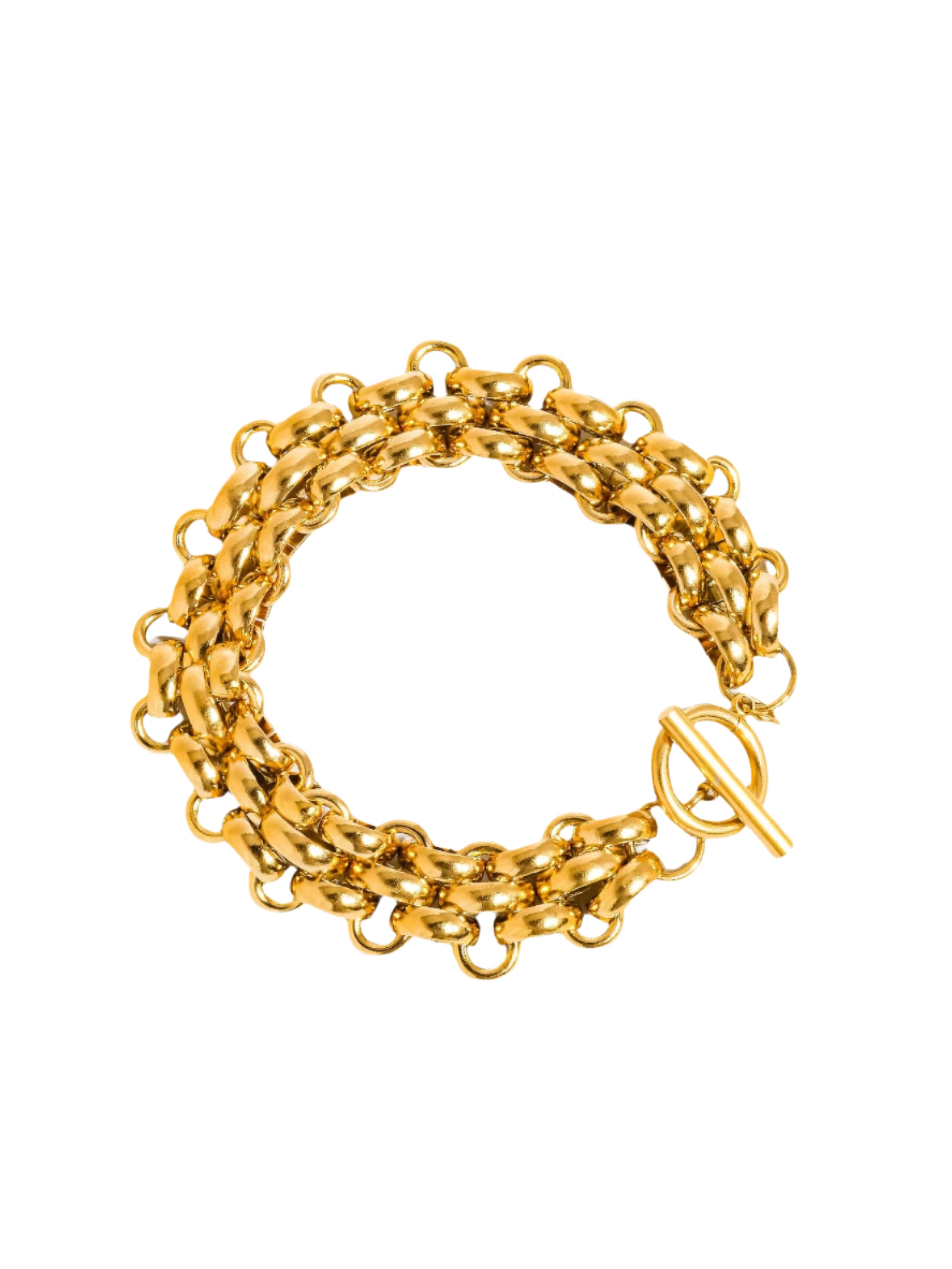 Striking bracelet crafted from stainless steel with 18K gold plating, featuring a bold weave pattern for a contemporary, textured look. Chain length 7.09 inches. Hypoallergenic, water- and tarnish-resistant—perfect for adding luxe sophistication and strength to any ensemble.