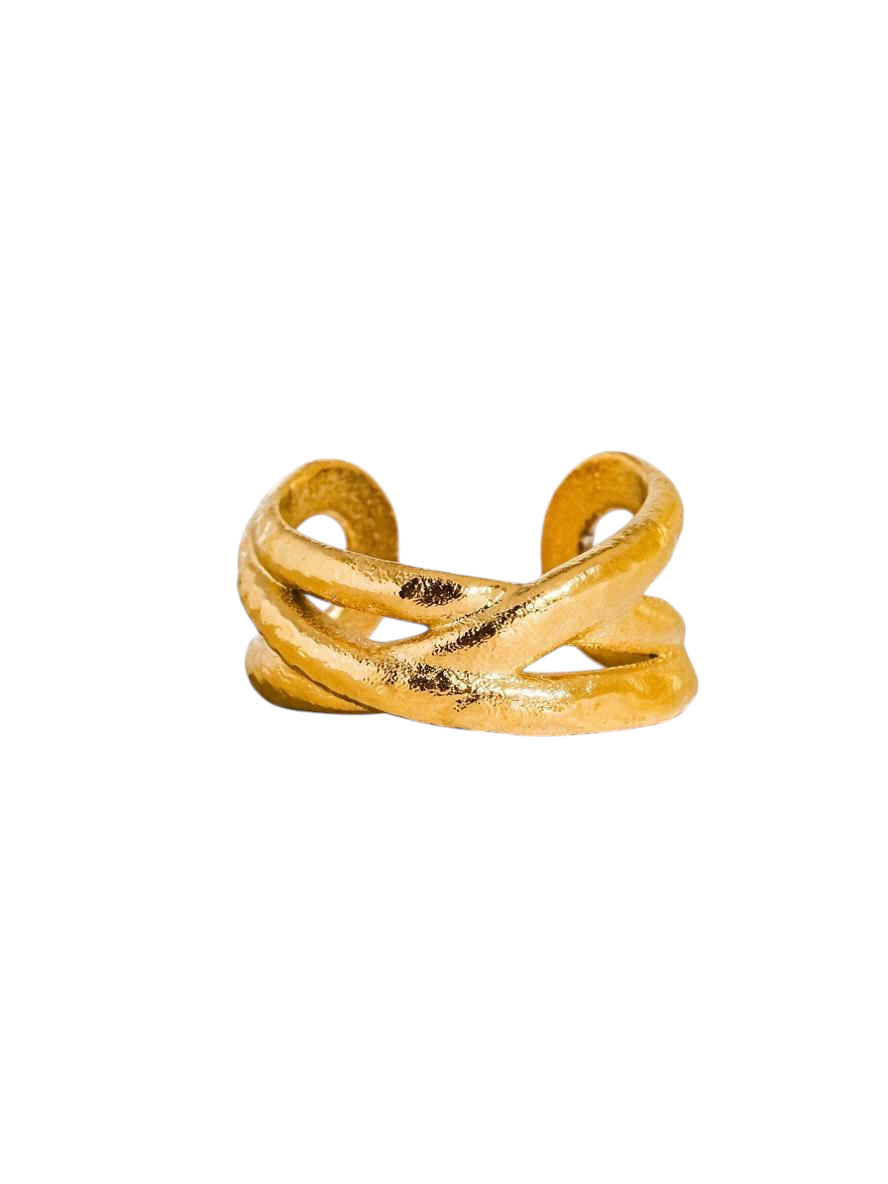 Maison Ella Elowen Crossover Ring in polished gold with a textured, interwoven band design.
