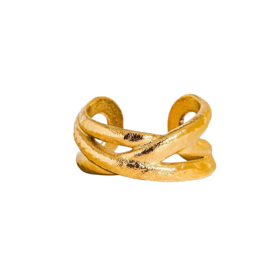 Maison Ella Elowen Crossover Ring in polished gold with a textured, interwoven band design.