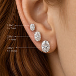 Elodie size guide: 5x7mm, 7x9mm and 8x10mm shown on the ear