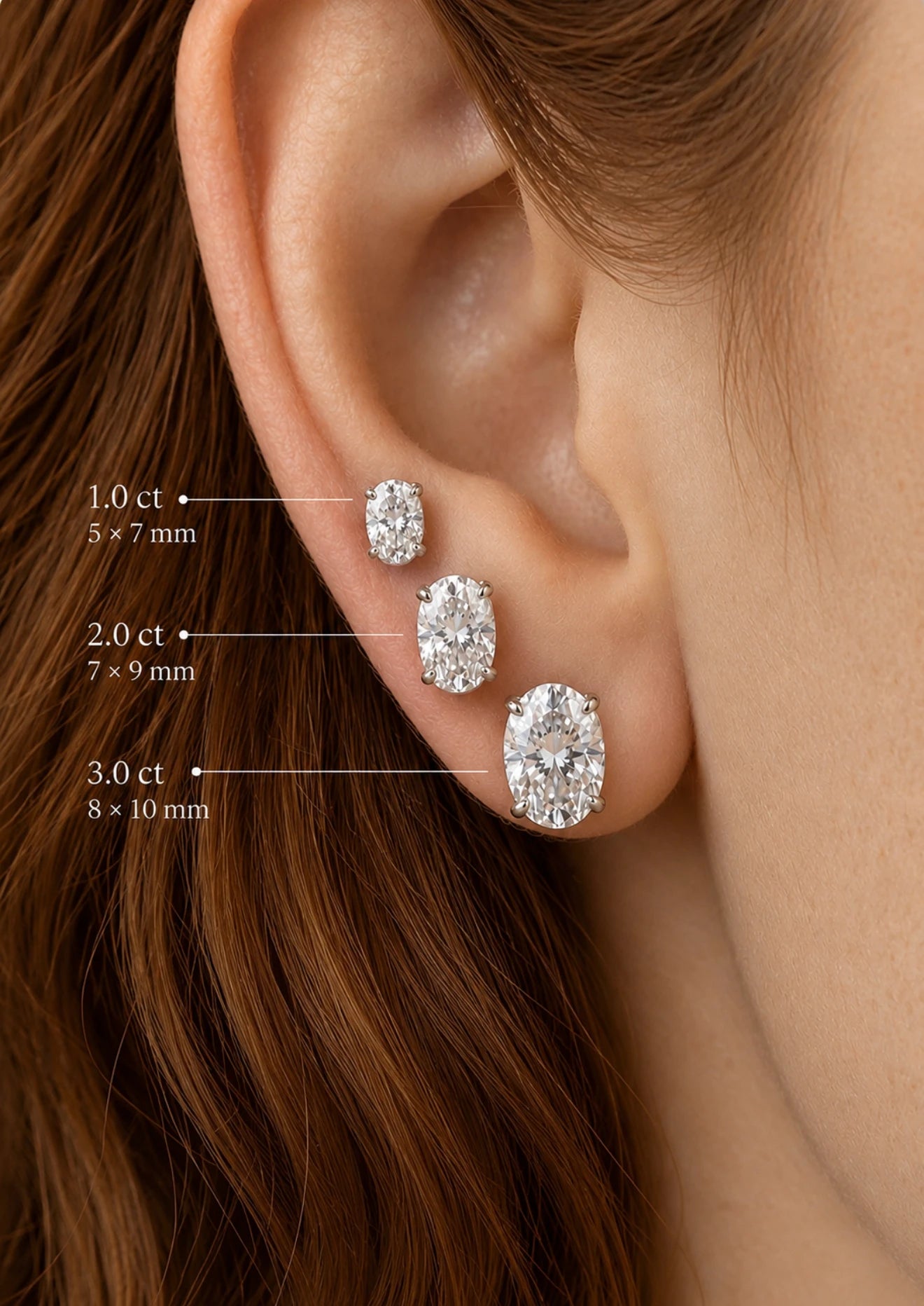 Elodie size guide: 5x7mm, 7x9mm and 8x10mm shown on the ear