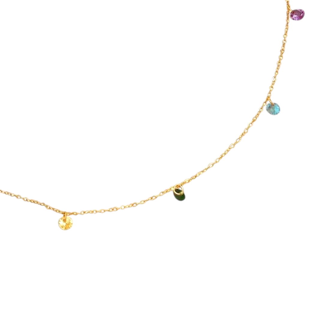 Maison Ella Lucie Petite necklace featuring a delicate 18K gold-plated chain with multi-colored cubic zirconia charms.