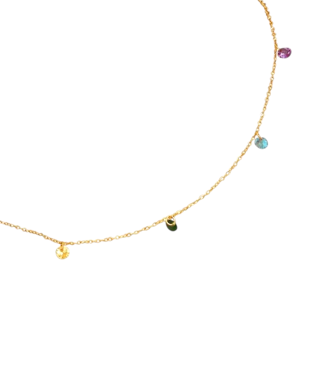 Maison Ella Lucie Petite necklace featuring a delicate 18K gold-plated chain with multi-colored cubic zirconia charms.