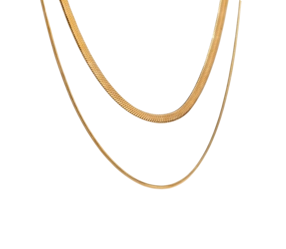 Maison Ella Olivia layered gold snake chain necklace featuring two sleek, 18K gold-plated chains.